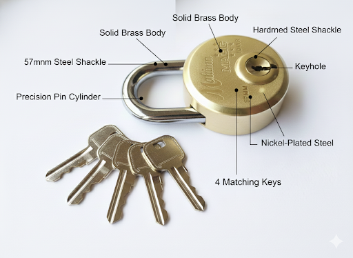 Heavy Duty Brass Padlock with 4 Keys, Hardened Steel Shackle Lock, Anti-Rust Round Padlock for Gate, Door, Locker, Warehouse & Outdoor Security