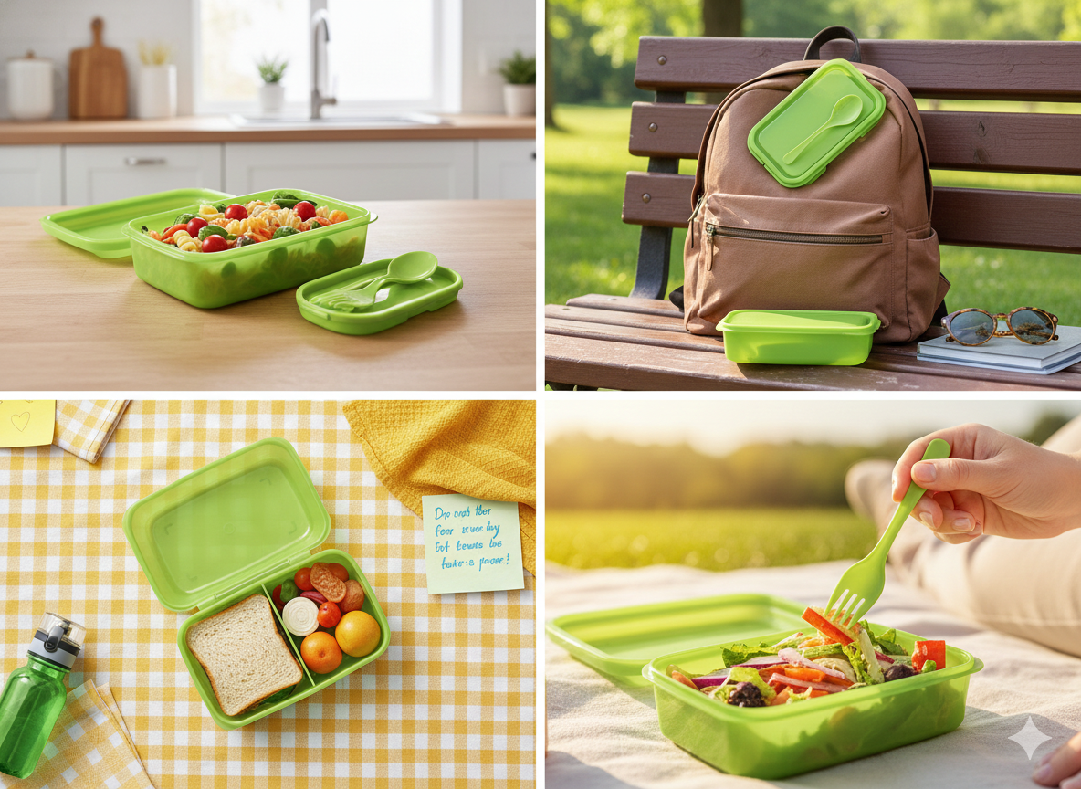 बच्चों और बड़ों के लिए लंच बॉक्स, चम्मच और कांटे के साथ | डिब्बों वाला लीकप्रूफ प्लास्टिक टिफिन बॉक्स