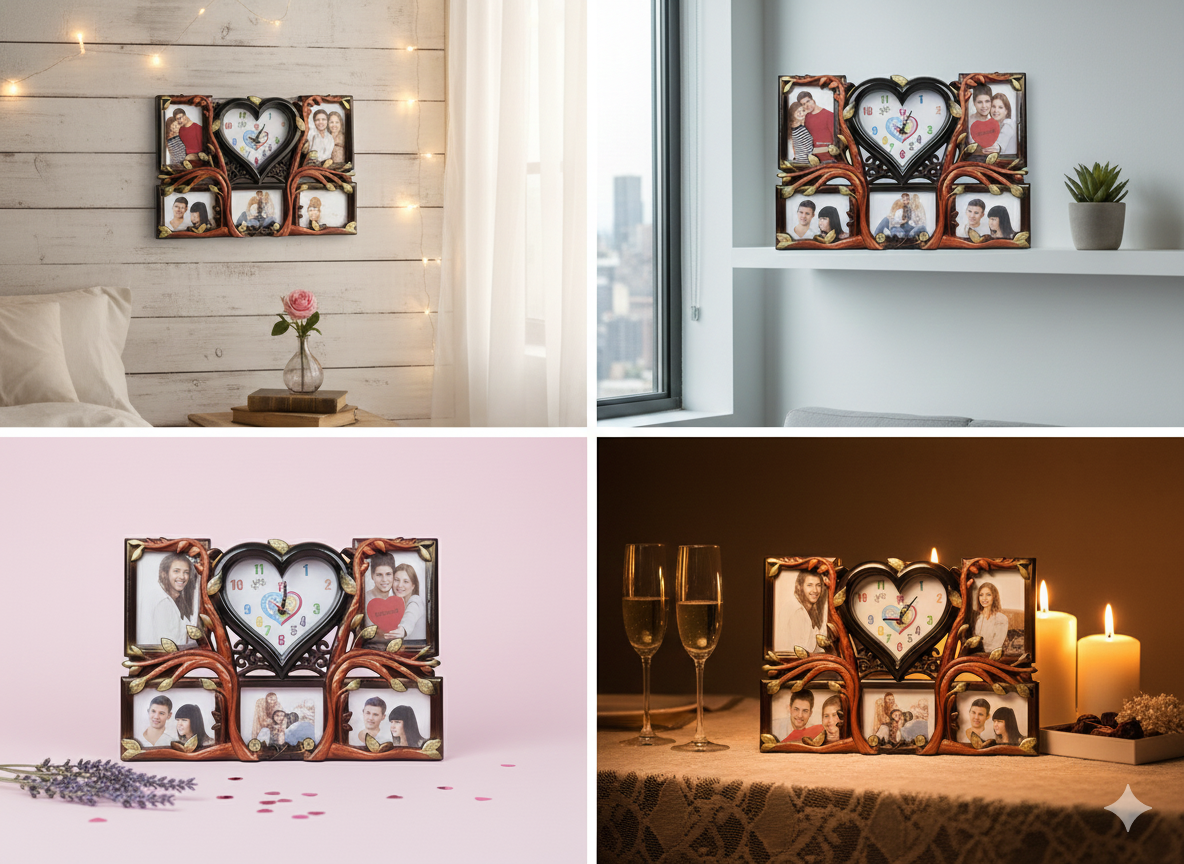 Heart Shaped Photo Frame Clock with 4 Picture Frames