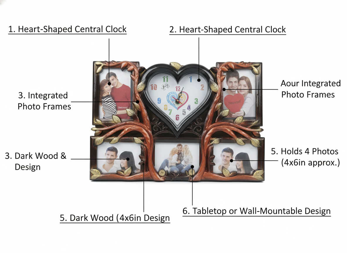 Heart Shaped Photo Frame Clock with 4 Picture Frames