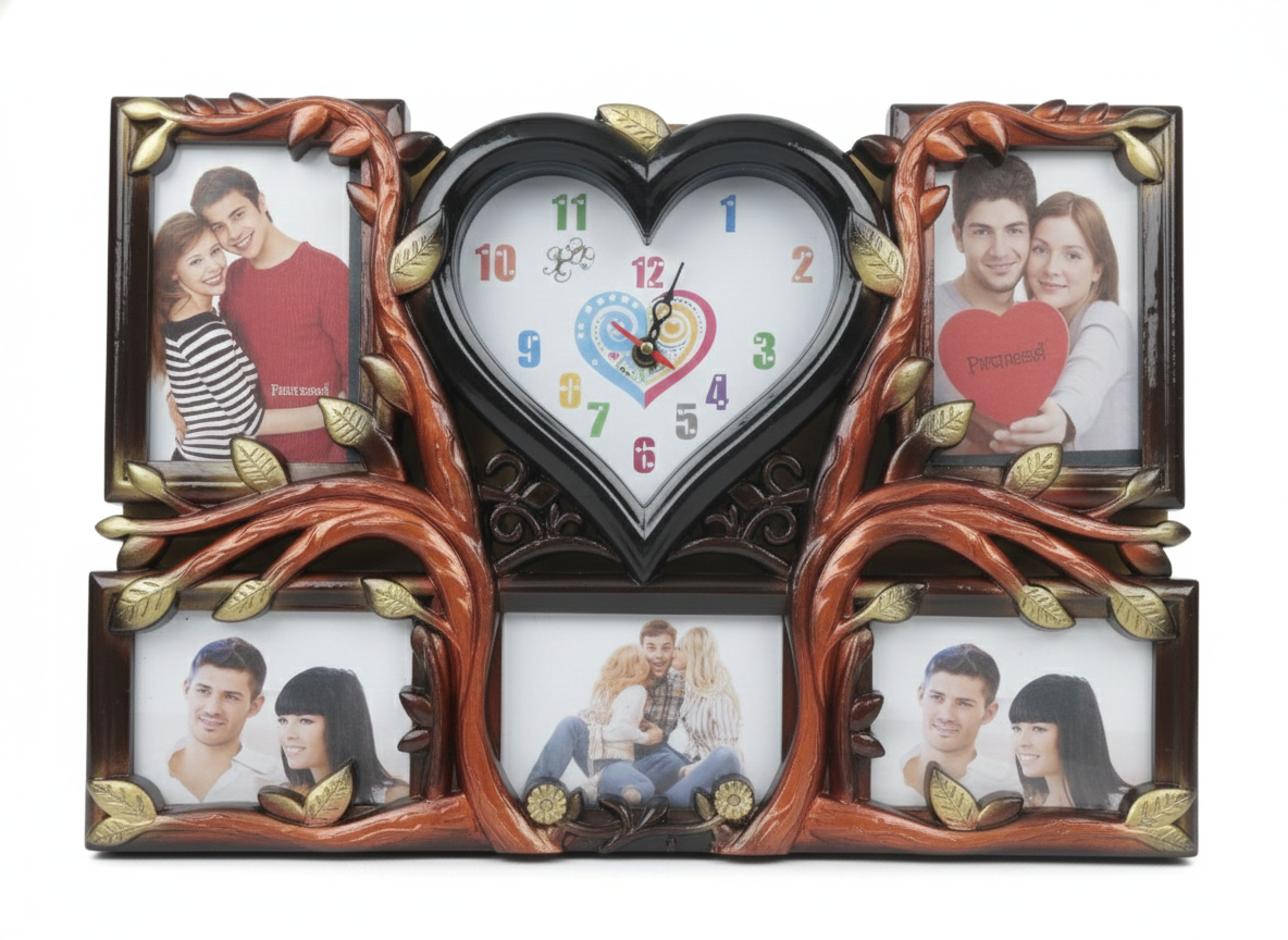 Heart Shaped Photo Frame Clock with 4 Picture Frames