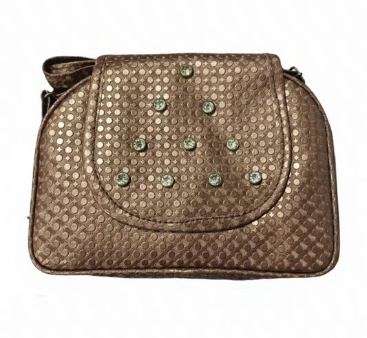 Bronze Sling Bag for Women – Geometric Pattern Handbag with Rhinestone Studs & Adjustable Strap