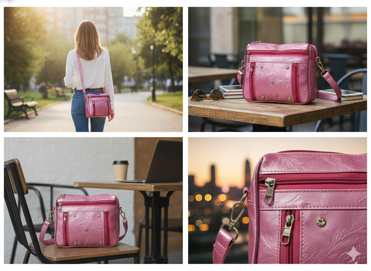 Pink Shoulder Bag for Women – Embossed Leather Handbag with Multiple Zipper Compartments