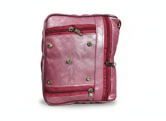 Pink Shoulder Bag for Women – Embossed Leather Handbag with Multiple Zipper Compartments
