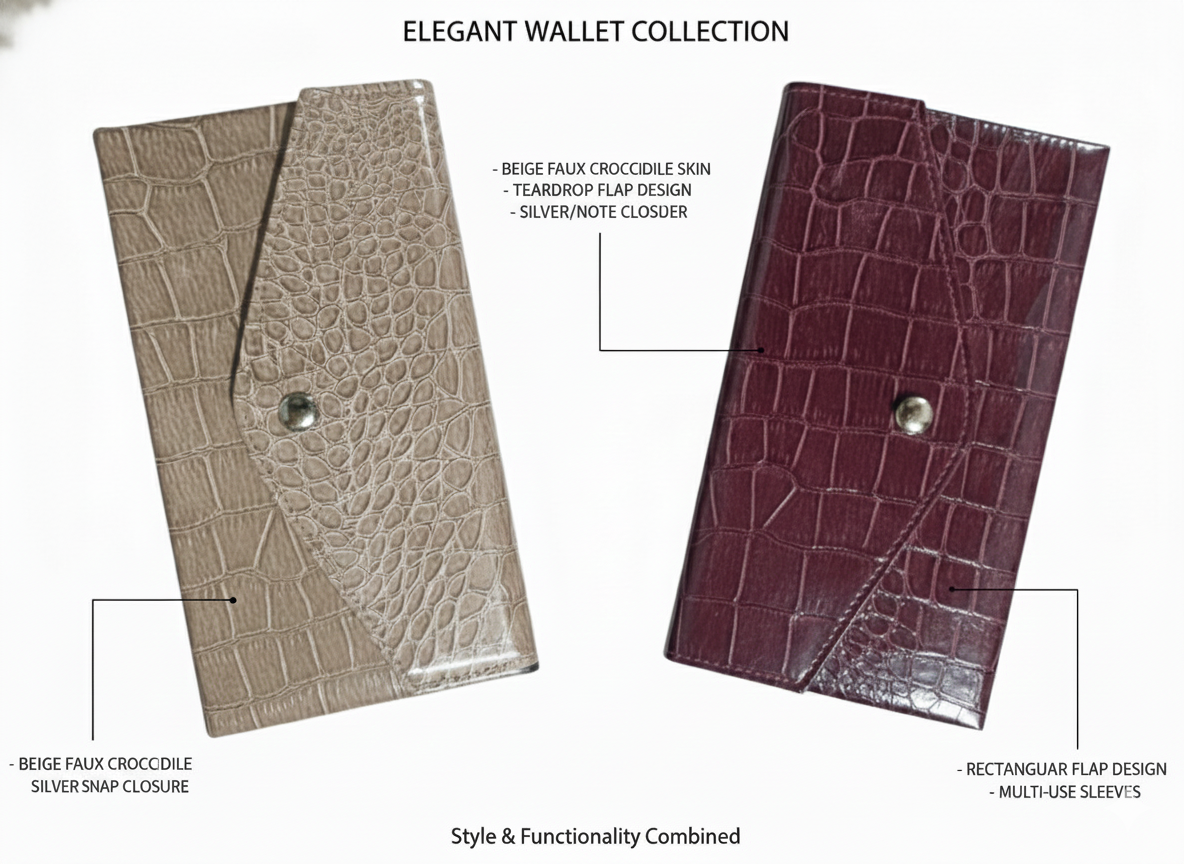 Women’s Long Wallet Faux Crocodile Leather | Snap Button Clutch Wallet with Multi Card Slots & Cash Compartments