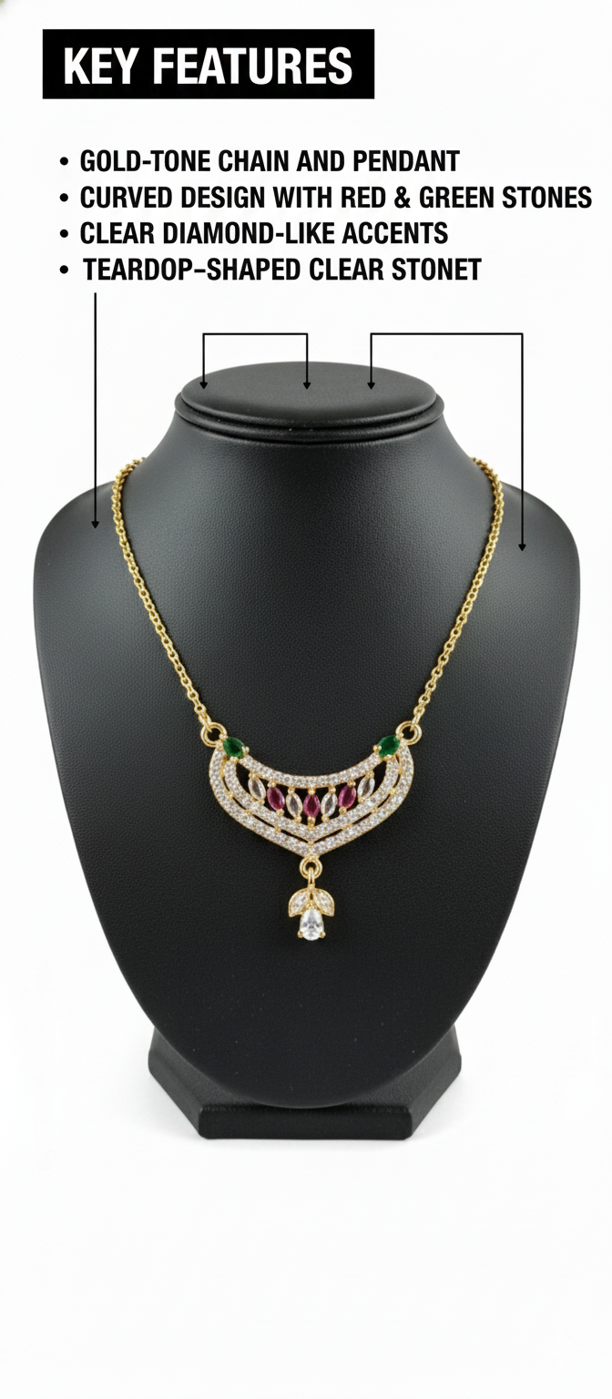 Gold Plated Pendant Necklace for Women with Red & Green Stone