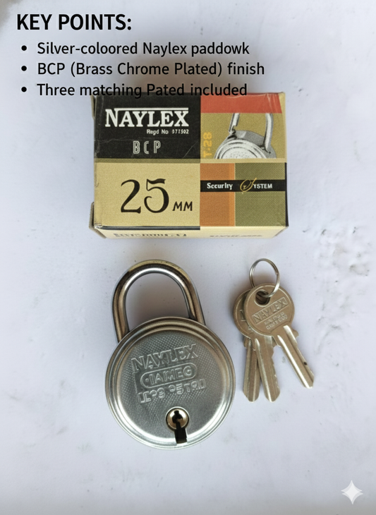 Naylex 25mm Padlock with 3 Keys, Brass Chrome Plated (BCP) Small Lock, Anti-Rust Silver Padlock for Locker, Drawer, Bag, Cabinet & Travel Use