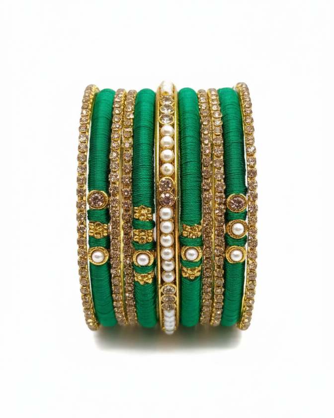 Green Silk Thread Bangles Set for Women