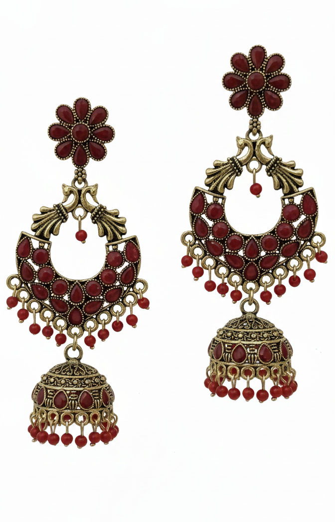 Traditional Red Stone Jhumka Earrings for Women
