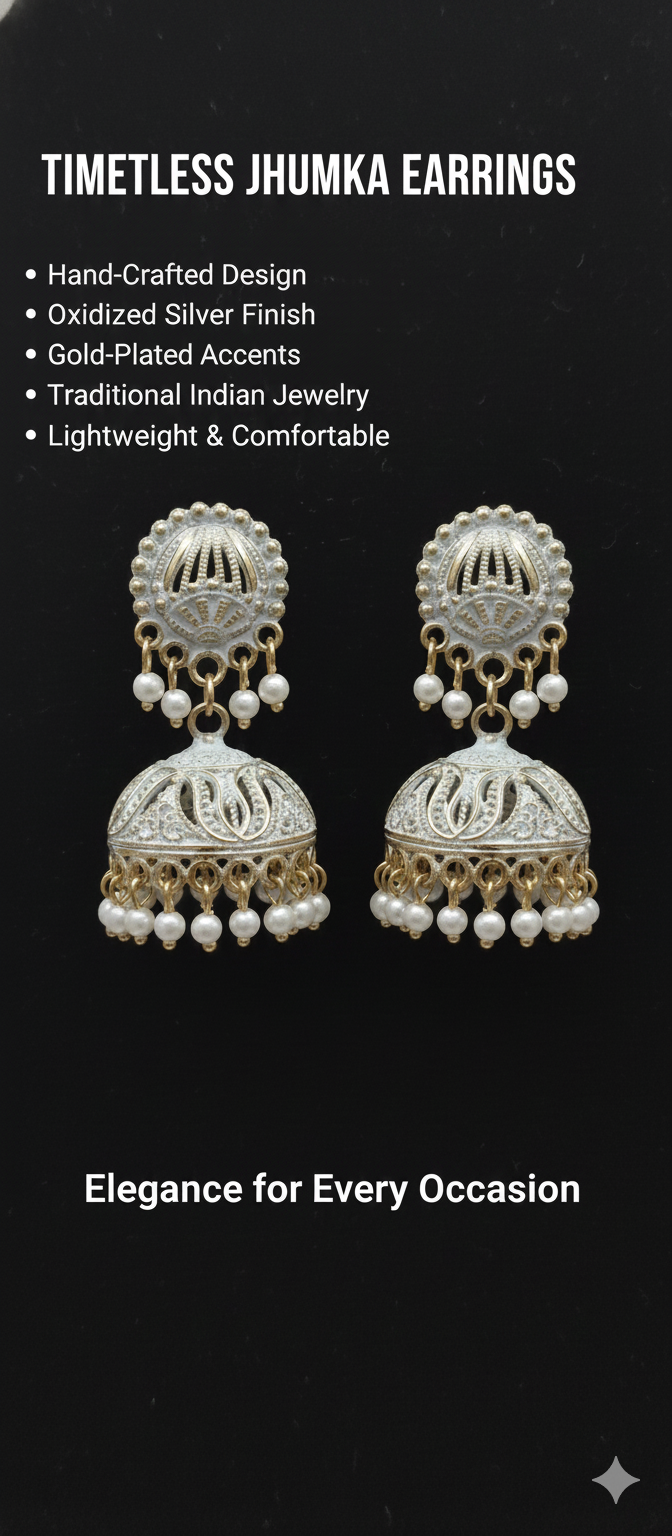 Timeless Oxidized Silver Jhumka Earrings with Gold Plated Accents & Pearl Drops –