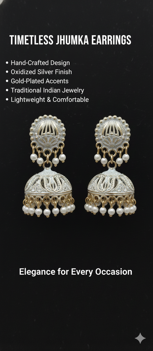Timeless Oxidized Silver Jhumka Earrings with Gold Plated Accents & Pearl Drops –