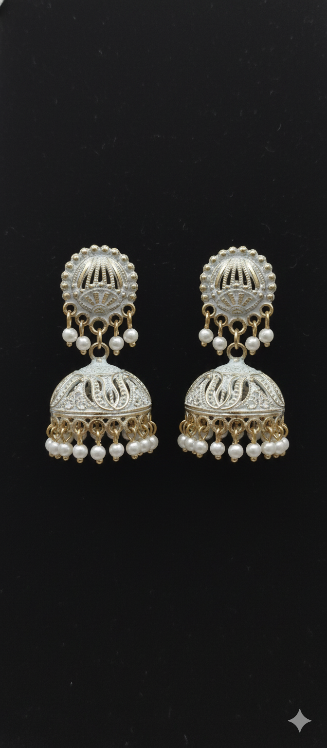 Timeless Oxidized Silver Jhumka Earrings with Gold Plated Accents & Pearl Drops –