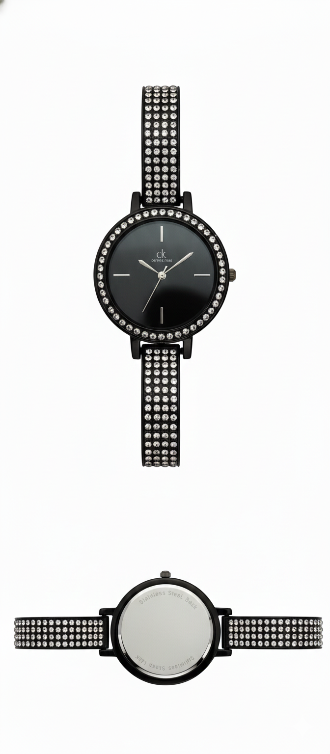 Women’s Analog Watch – Black Dial Wrist Watch with Crystal Studded Strap & Elegant Bezel