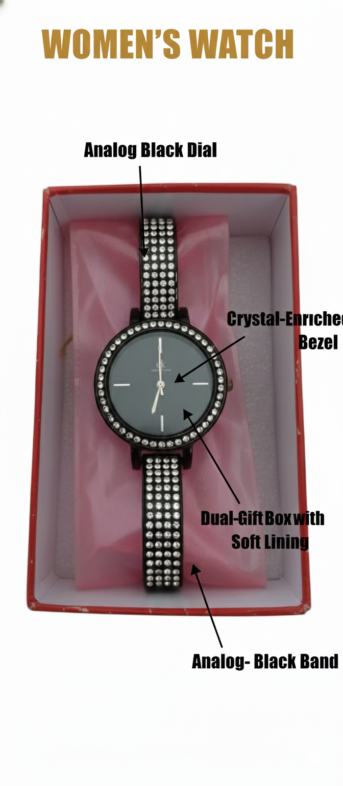 Women’s Analog Watch – Black Dial Wrist Watch with Crystal Studded Strap & Elegant Bezel