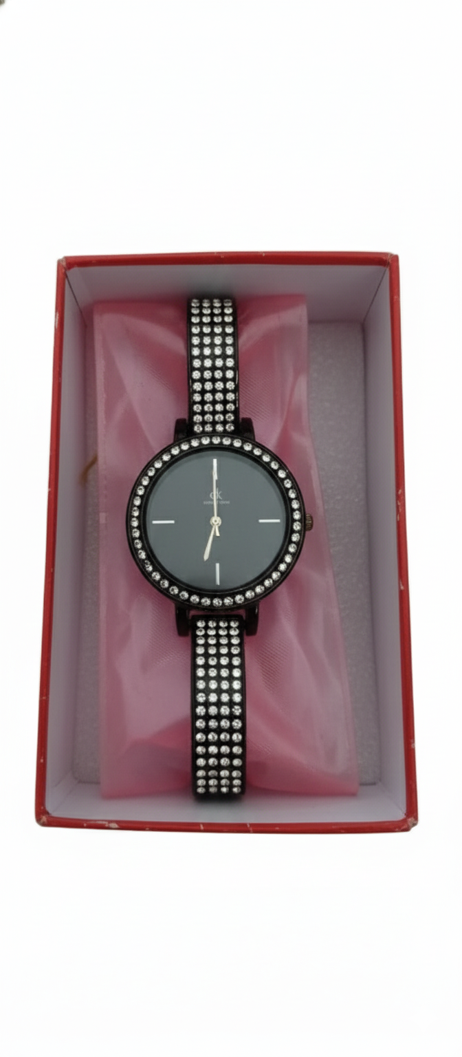 Women’s Analog Watch – Black Dial Wrist Watch with Crystal Studded Strap & Elegant Bezel