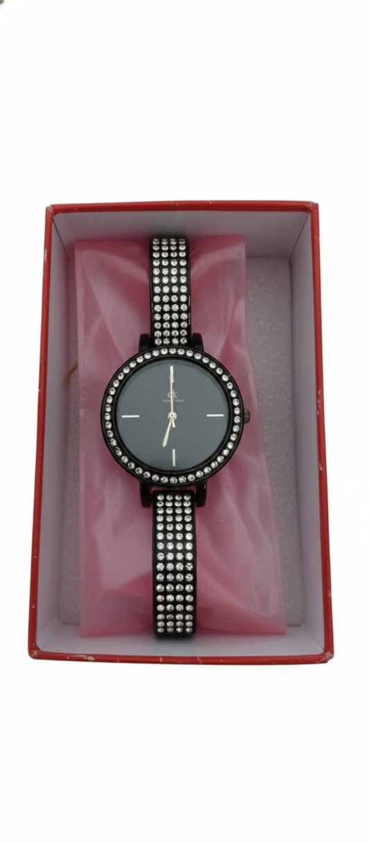 Women’s Analog Watch – Black Dial Wrist Watch with Crystal Studded Strap & Elegant Bezel