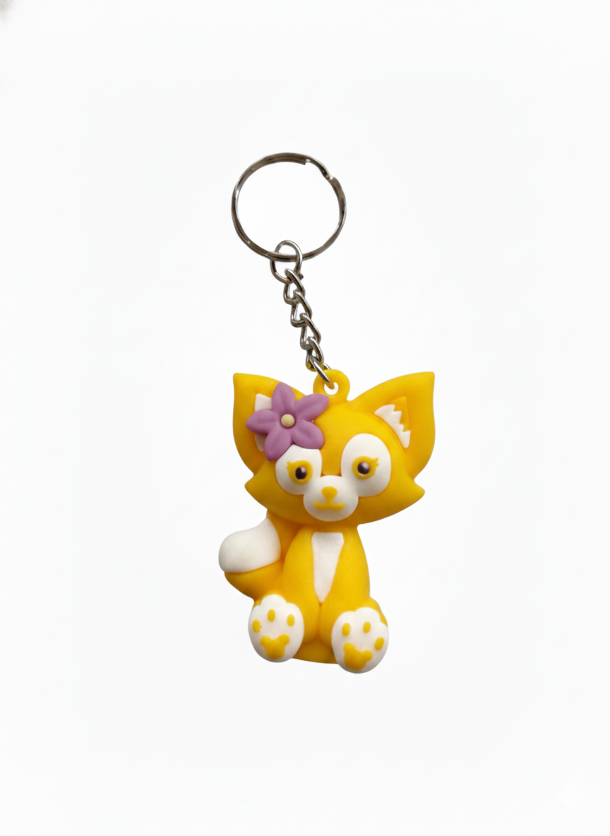Cute Red Fox Keychain for Girls & Kids | Cartoon Animal Key Ring with Flower Design