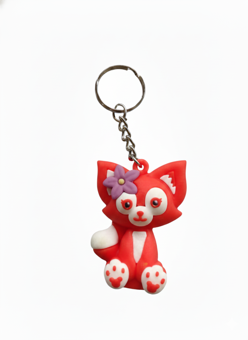 Cute Red Fox Keychain for Girls & Kids | Cartoon Animal Key Ring with Flower Design