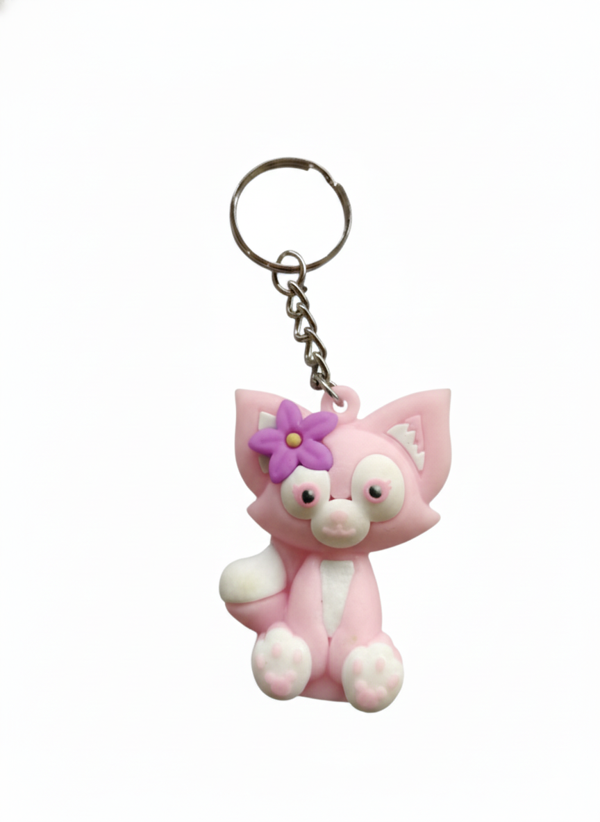 Cute Red Fox Keychain for Girls & Kids | Cartoon Animal Key Ring with Flower Design