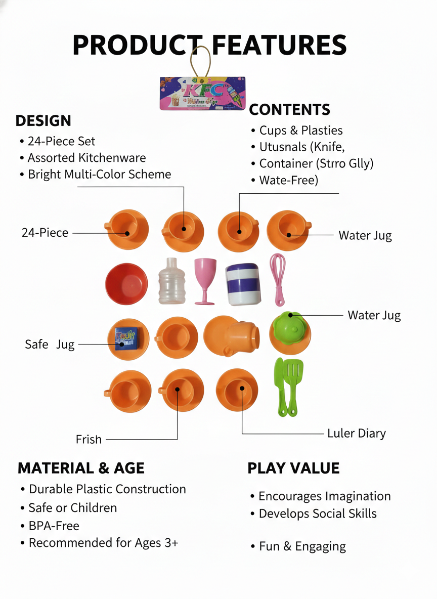 Kids Kitchen Utensils Play Set (24 Pieces) | Pretend Play Cooking Set with Cups, Plates, Jug & Accessories
