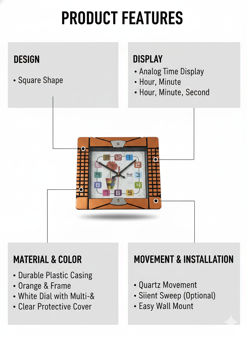 Modern Square Multicolor Dial Wall Clock