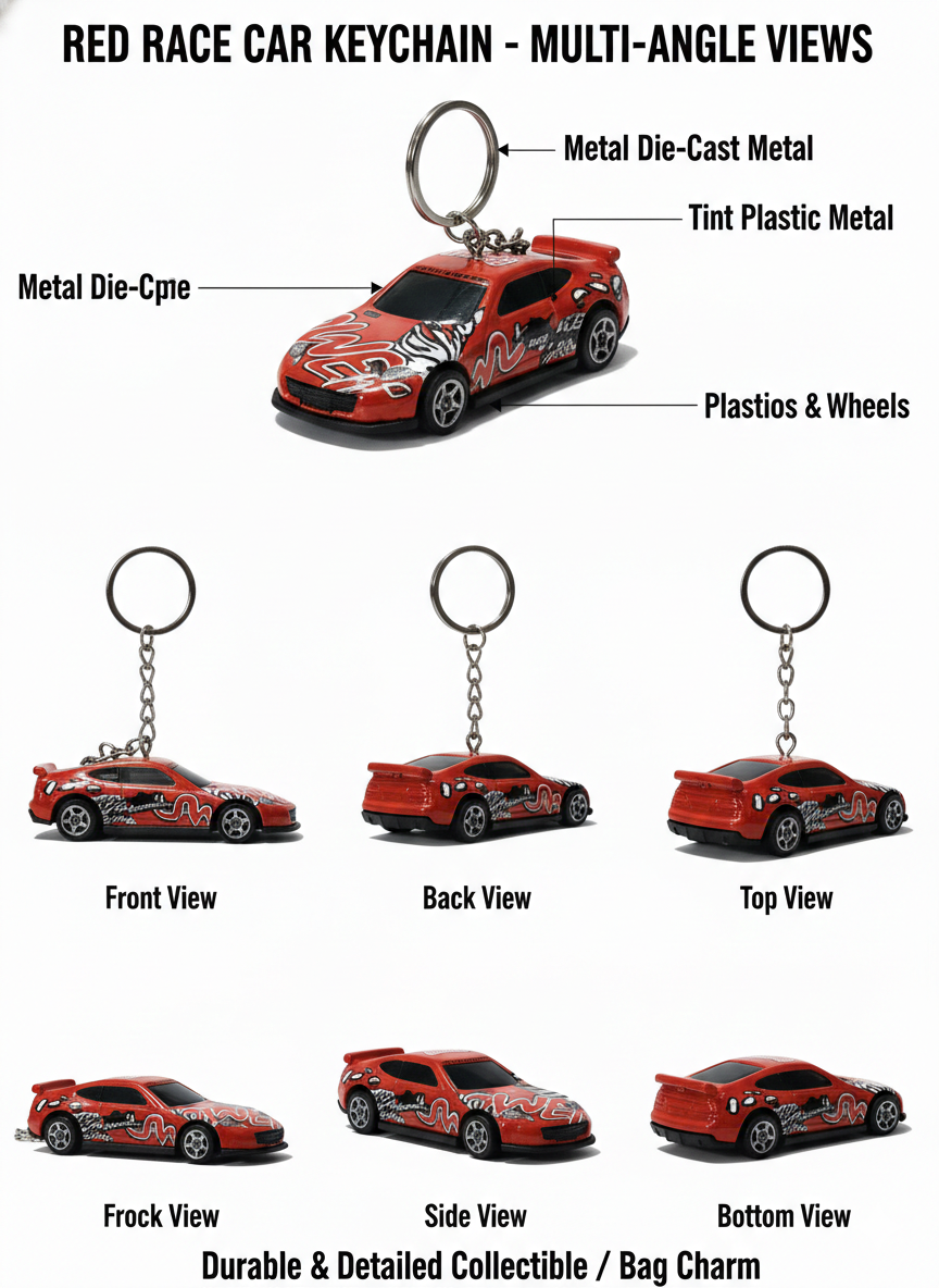 Red Sports Car Keychain Die-Cast Metal | Racing Car Key Ring for Men, Boys