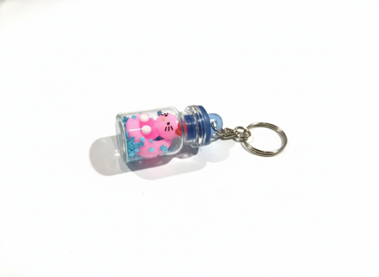 Cute Mini Bottle Bunny Keychain with Glitter Stars | Pink Cartoon Rabbit Key Ring for Girls