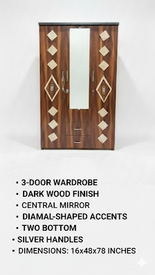 3 Door Wooden Wardrobe with Mirror | Walnut Finish Bedroom Almirah | Spacious Storage Closet with Drawers & Shelves | Modern Furniture | 48x78 Inches