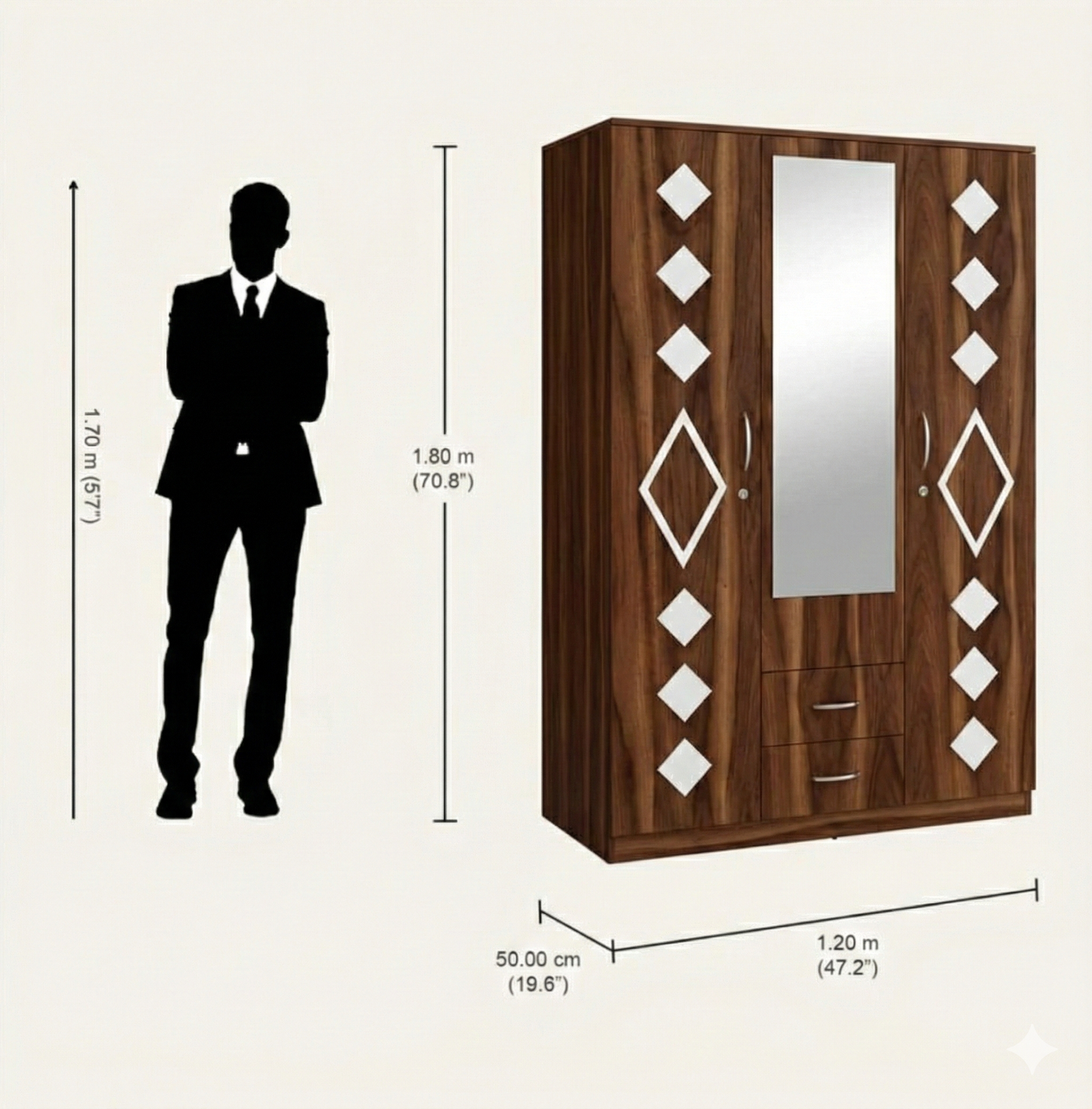 3 Door Wooden Wardrobe with Mirror | Walnut Finish Bedroom Almirah | Spacious Storage Closet with Drawers & Shelves | Modern Furniture | 48x78 Inches