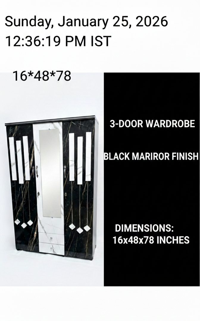 3 Door Wardrobe with Mirror | Black Marble Finish Wooden Almirah