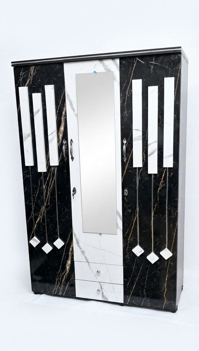 3 Door Wardrobe with Mirror | Black Marble Finish Wooden Almirah