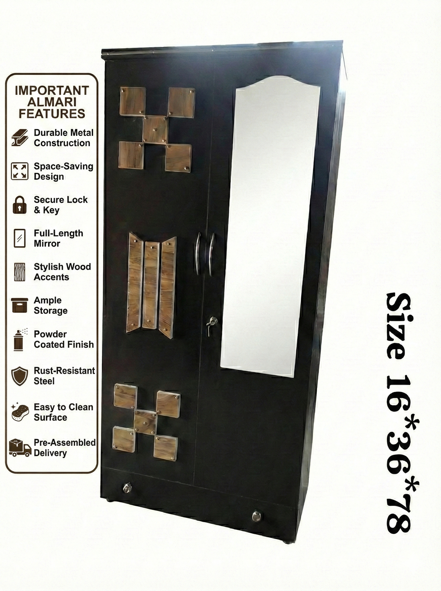 Steel Almirah 2 Door with Mirror | 16x36x78 Inch Metal Wardrobe | Lockable Storage Cupboard with Drawers
