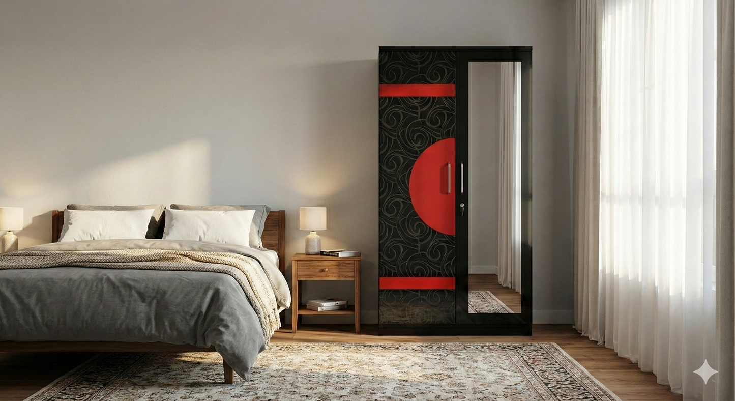 Wooden 2 Door Wardrobe with Mirror | 16x36x78 Inch Almirah | Black & Red Designer Cupboard with Lock & Drawers