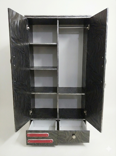 Wooden 2 Door Wardrobe with Mirror | 16x36x78 Inch Almirah | Black & Red Designer Cupboard with Lock & Drawers