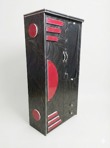 Wooden 2 Door Wardrobe with Mirror | 16x36x78 Inch Almirah | Black & Red Designer Cupboard with Lock & Drawers