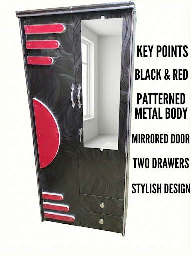 Wooden 2 Door Wardrobe with Mirror | 16x36x78 Inch Almirah | Black & Red Designer Cupboard with Lock & Drawers