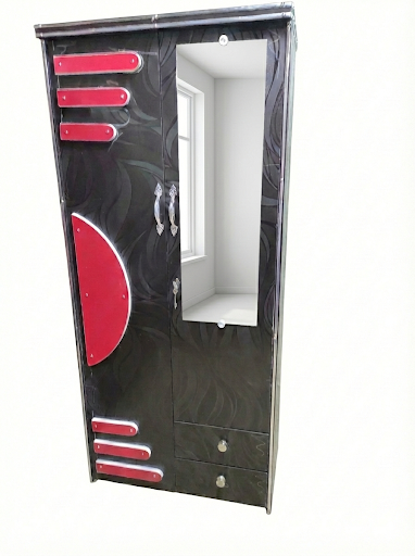Wooden 2 Door Wardrobe with Mirror | 16x36x78 Inch Almirah | Black & Red Designer Cupboard with Lock & Drawers