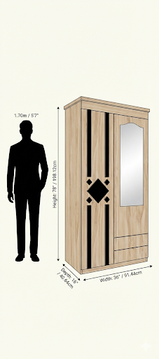 Wooden 2 Door Wardrobe with Mirror | 16x36x78 Inch Almirah | Rustic Grey Cupboard with Lock & Drawer