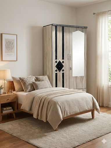 Wooden 2 Door Wardrobe with Mirror | 16x36x78 Inch Almirah | Rustic Grey Cupboard with Lock & Drawer