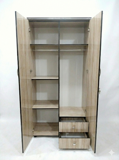 Wooden 2 Door Wardrobe with Mirror | 16x36x78 Inch Almirah | Rustic Grey Cupboard with Lock & Drawer