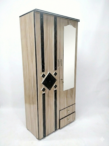 Wooden 2 Door Wardrobe with Mirror | 16x36x78 Inch Almirah | Rustic Grey Cupboard with Lock & Drawer