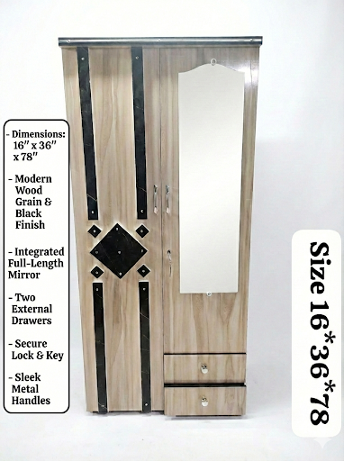 Wooden 2 Door Wardrobe with Mirror | 16x36x78 Inch Almirah | Rustic Grey Cupboard with Lock & Drawer