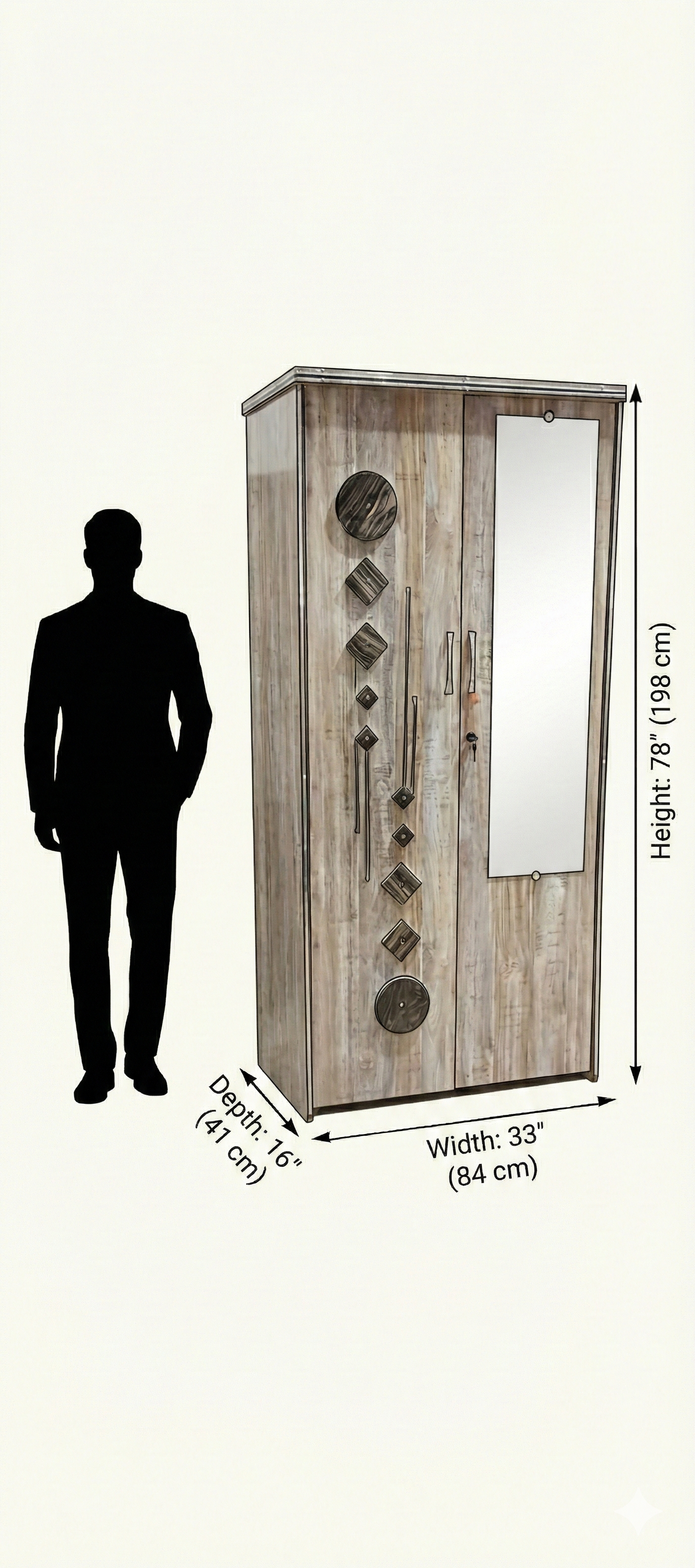 Wooden 2 Door Wardrobe with Mirror | 16x36x78 Inch Almirah | Rustic Grey Cupboard with Lock & Drawer
