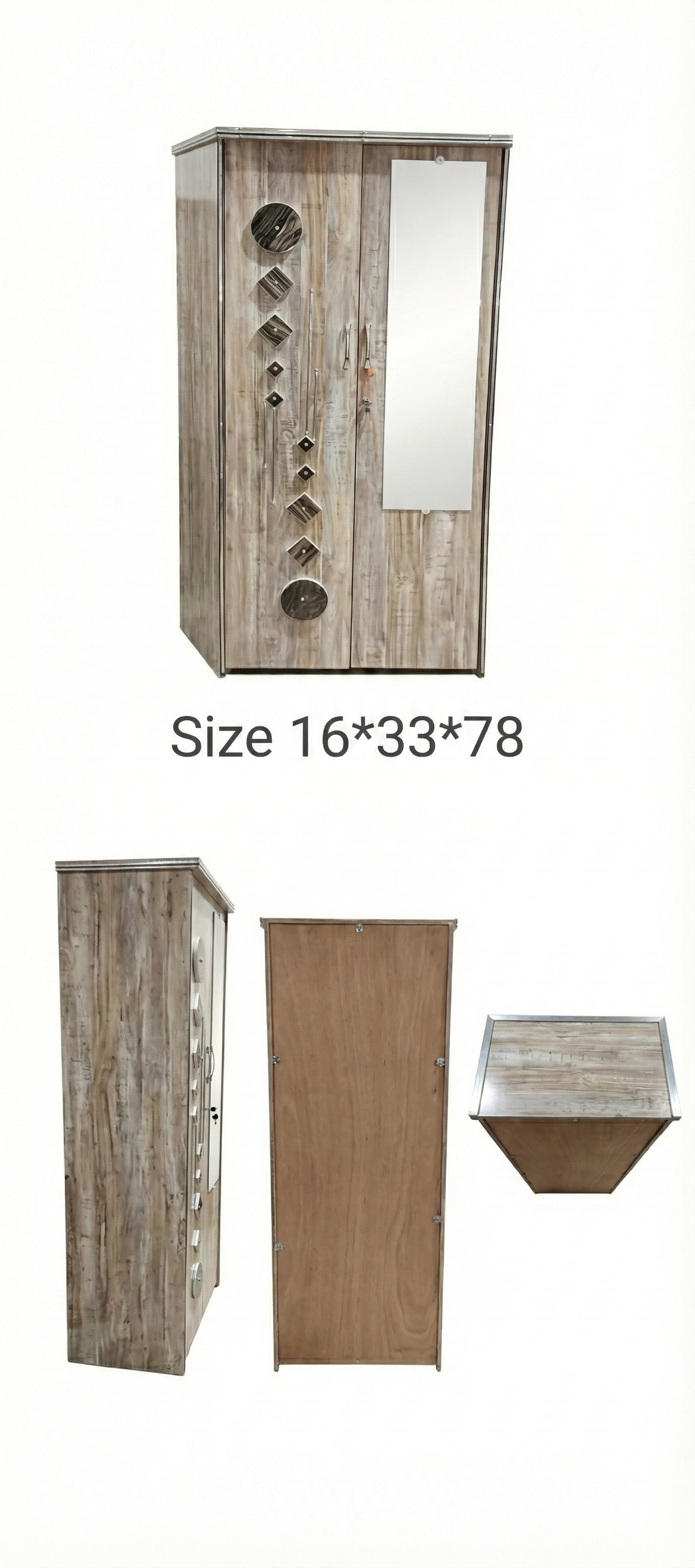 Wooden 2 Door Wardrobe with Mirror | 16x36x78 Inch Almirah | Rustic Grey Cupboard with Lock & Drawer