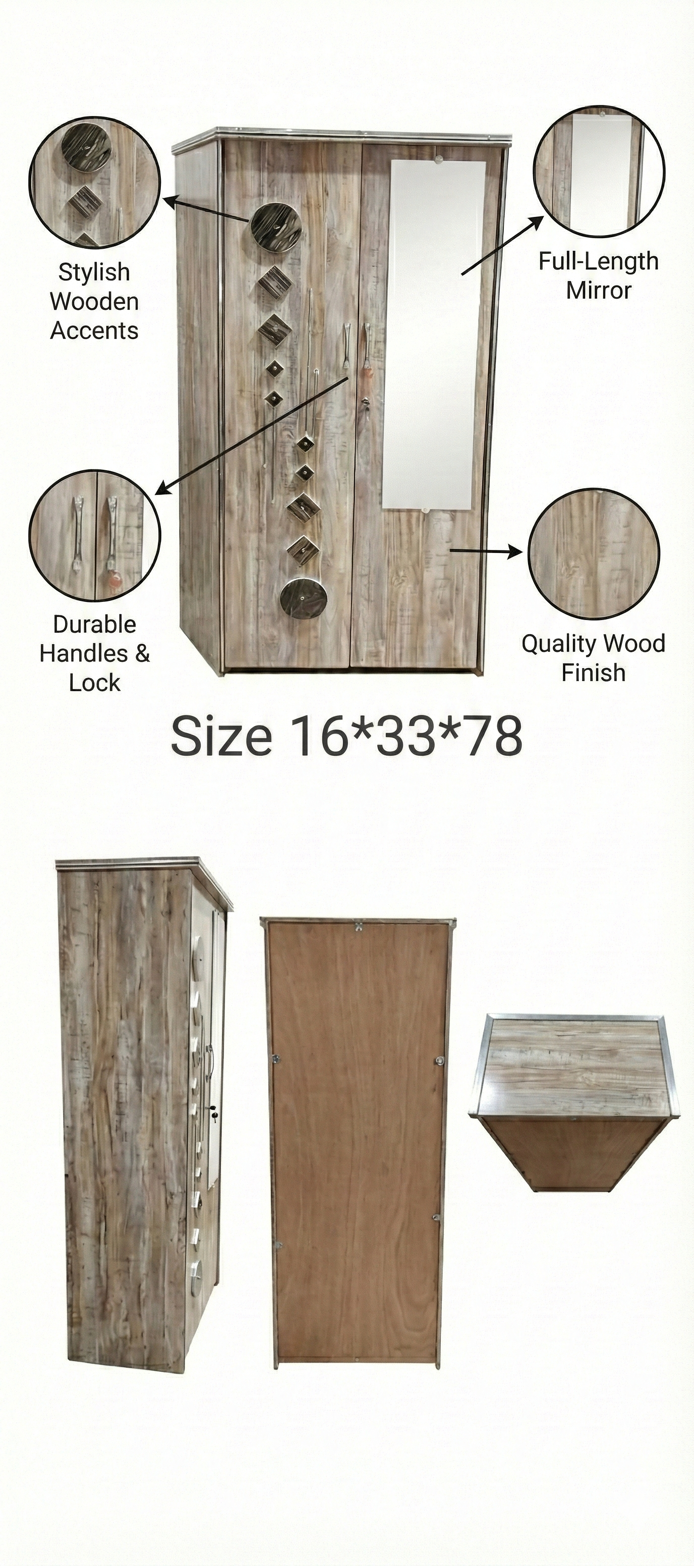 Wooden 2 Door Wardrobe with Mirror | 16x36x78 Inch Almirah | Rustic Grey Cupboard with Lock & Drawer