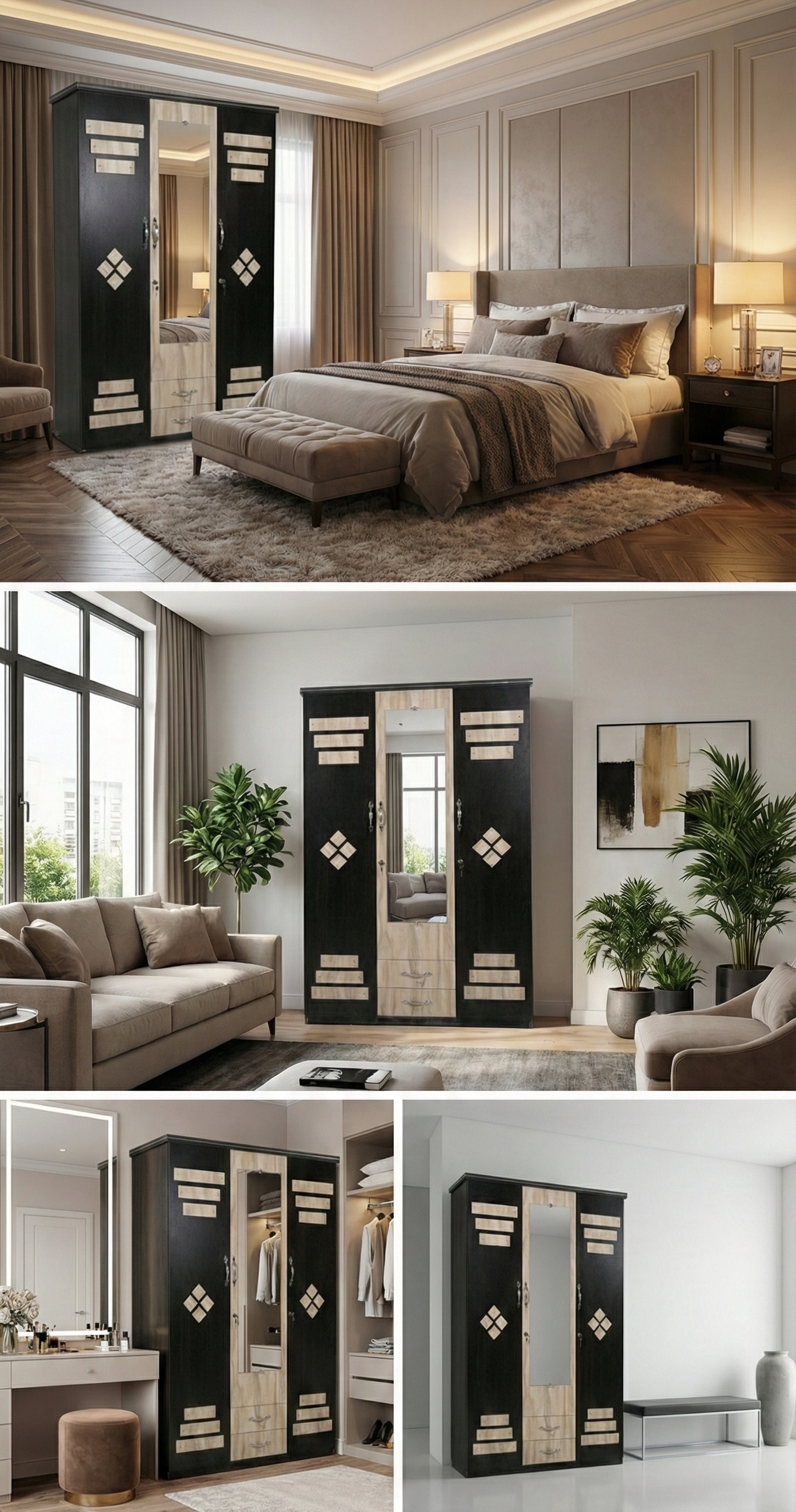 Wooden 3 Door Wardrobe with Mirror | 16x48x78 Inch Almirah | Dual Tone Cupboard with Lock & Drawers