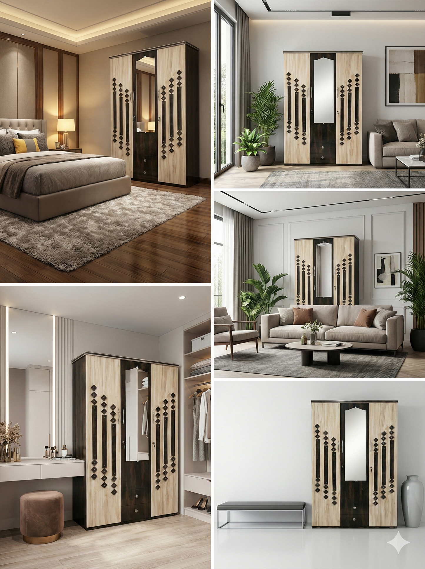 Wooden 3 Door Wardrobe with Mirror | 16x48x78 Inch Almirah | Dual Tone Cupboard with Lock & Drawers