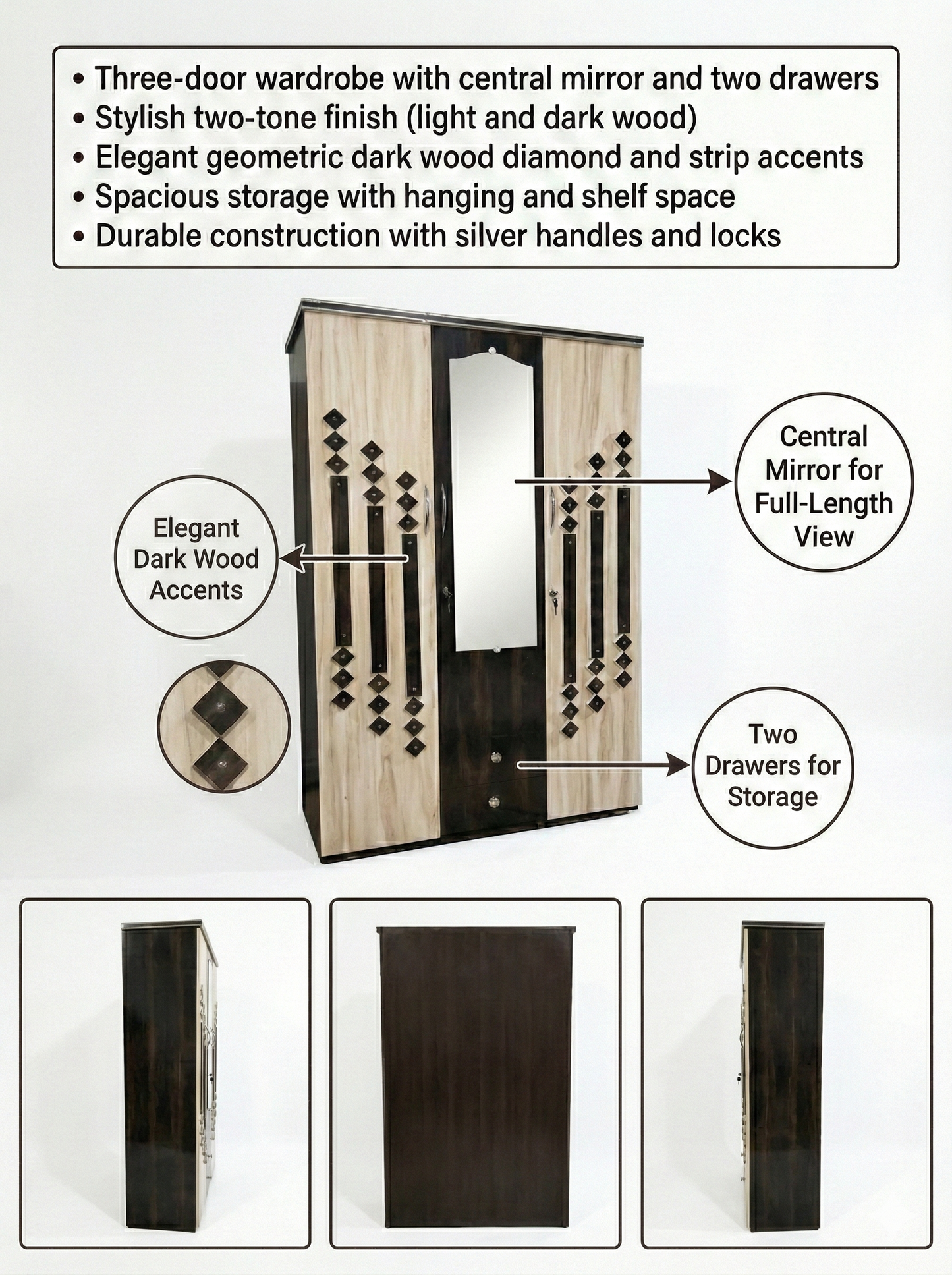 Wooden 3 Door Wardrobe with Mirror | 16x48x78 Inch Almirah | Dual Tone Cupboard with Lock & Drawers