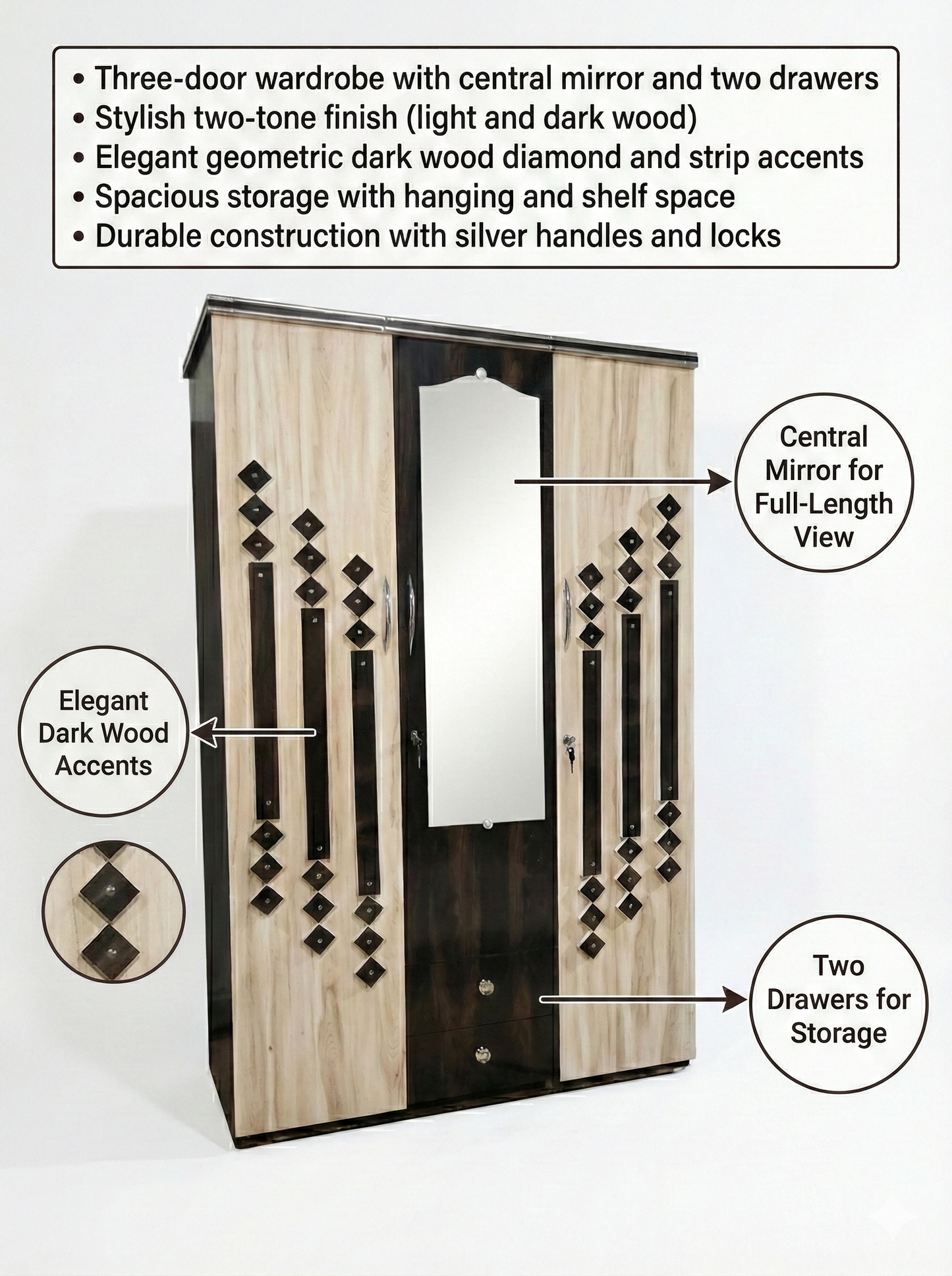 Wooden 3 Door Wardrobe with Mirror | 16x48x78 Inch Almirah | Dual Tone Cupboard with Lock & Drawers