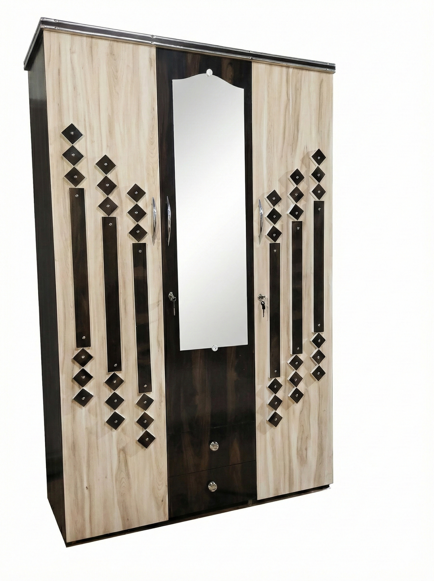 Wooden 3 Door Wardrobe with Mirror | 16x48x78 Inch Almirah | Dual Tone Cupboard with Lock & Drawers